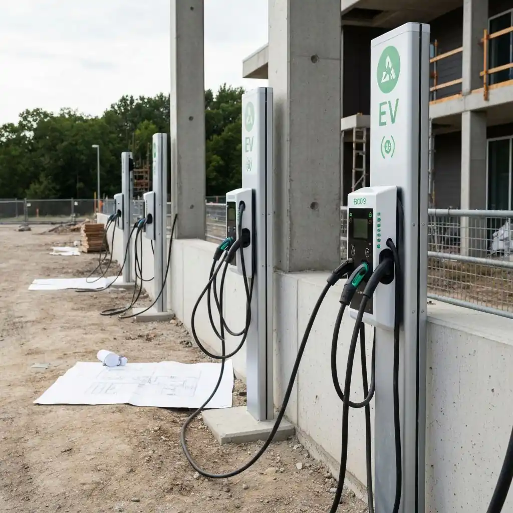 Row of EV chargers installed along a multifamily construction site