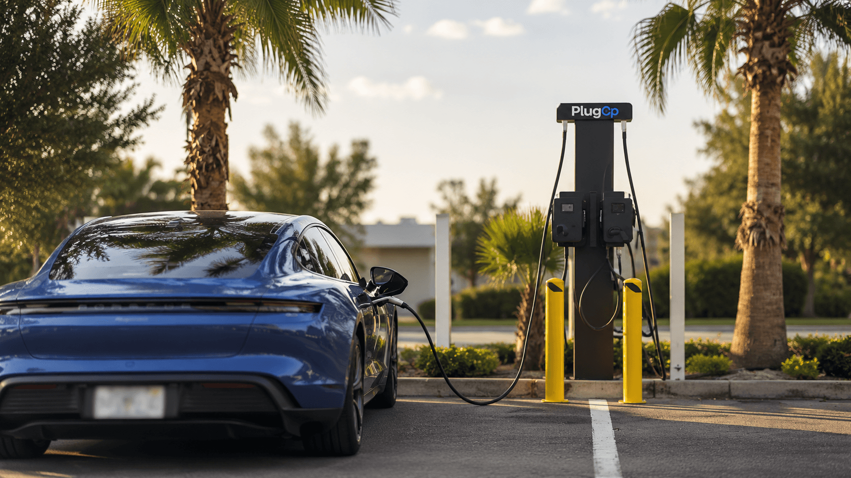 PlugOp charger serving a parked EV in Florida
