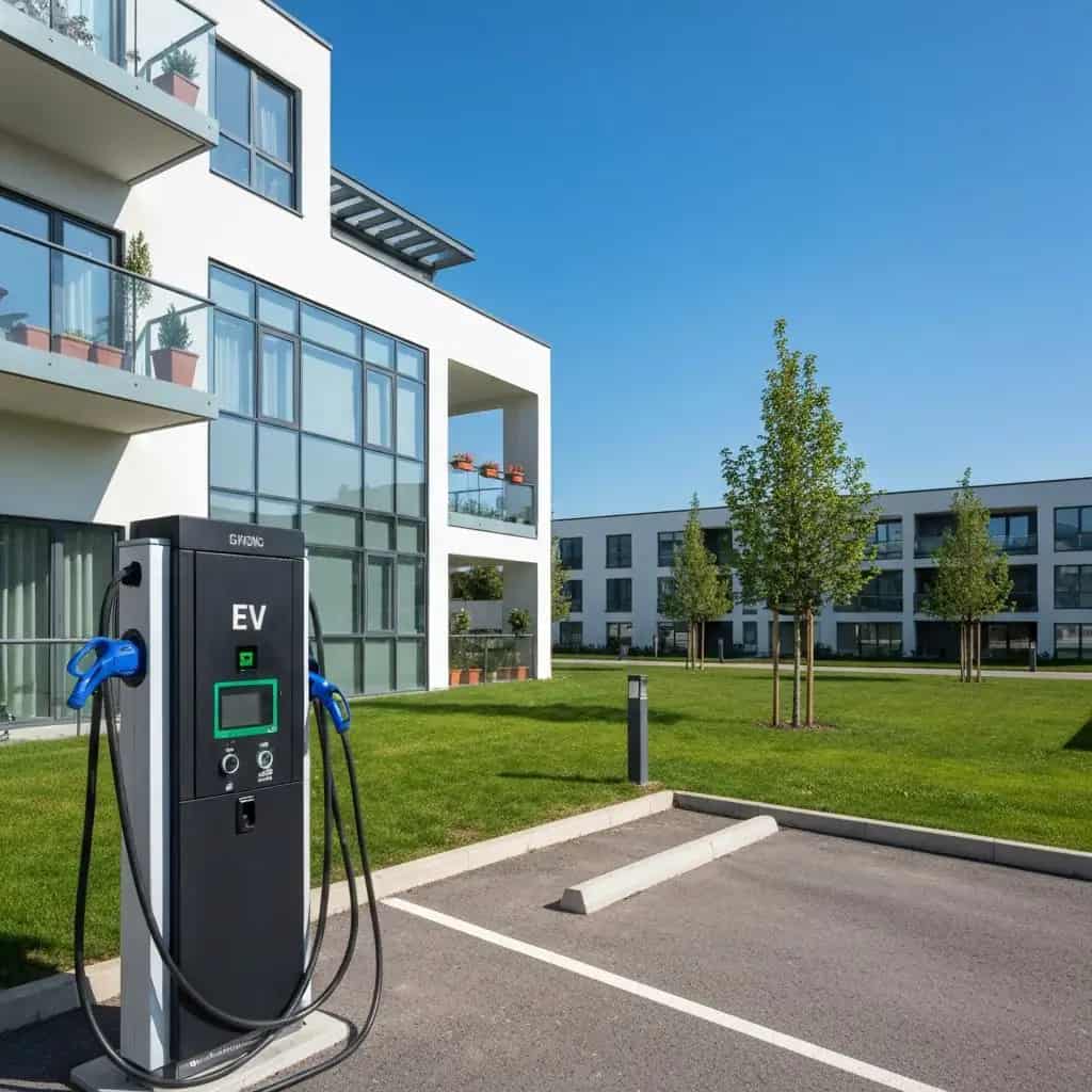 EV charger beside an apartment building courtyard