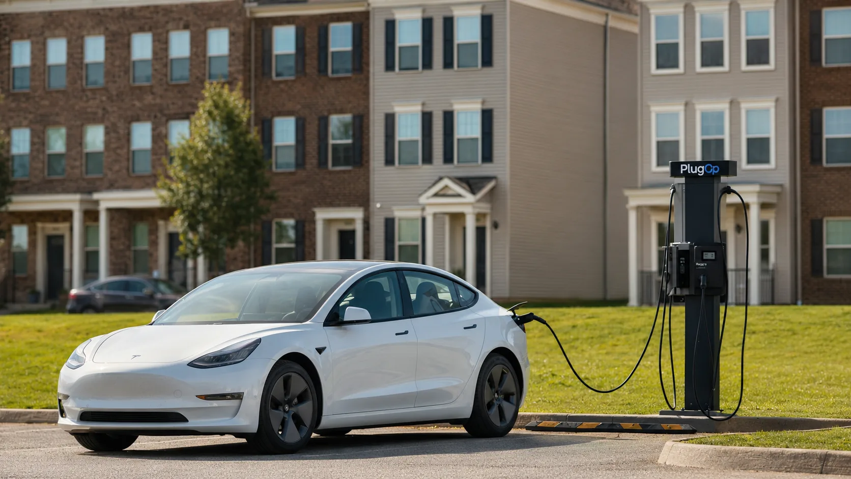 Illustration of a multifamily EV charging site with portfolio analytics overlays