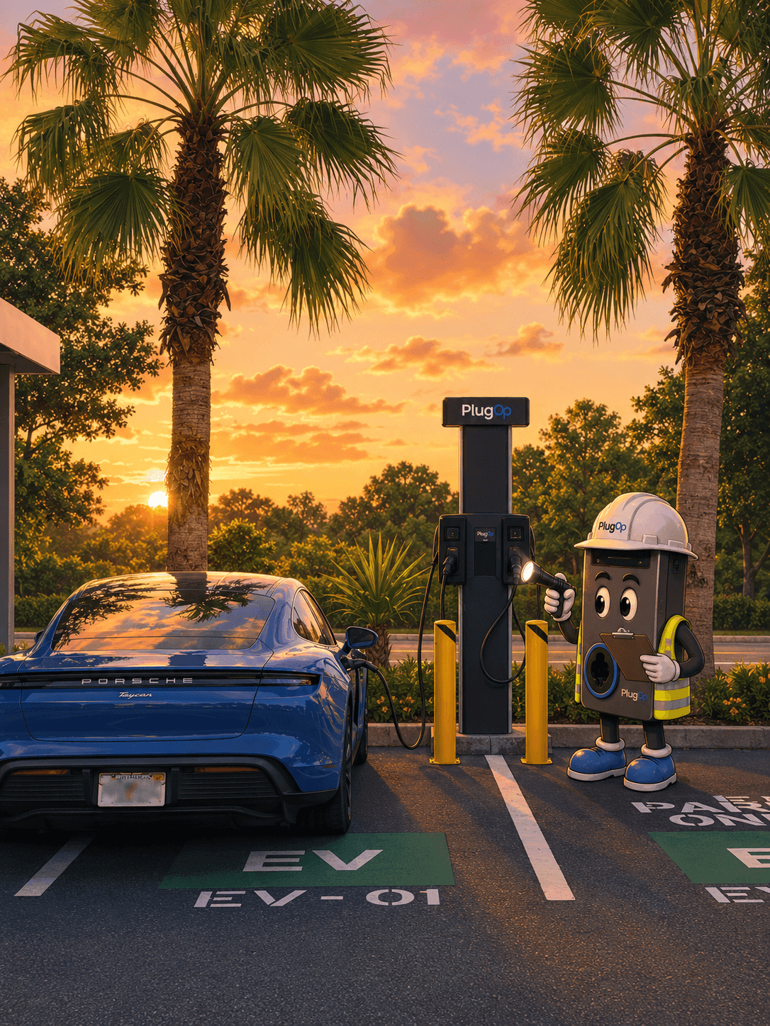 PlugOp charger and service mascot beside a parked EV at sunset in California