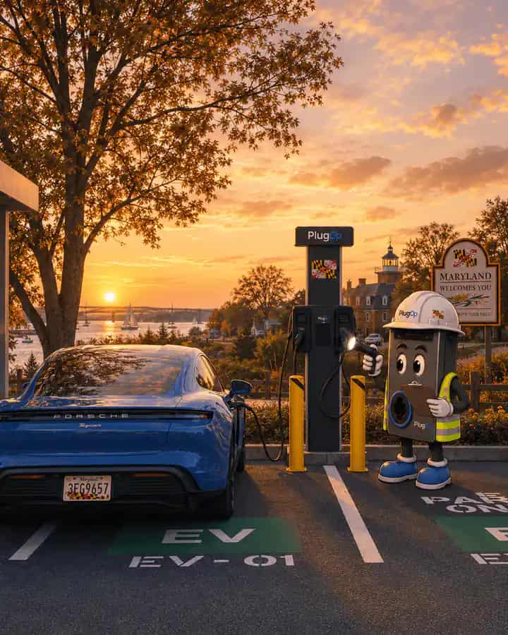 PlugOp charger and service mascot beside a parked EV at sunset in Maryland