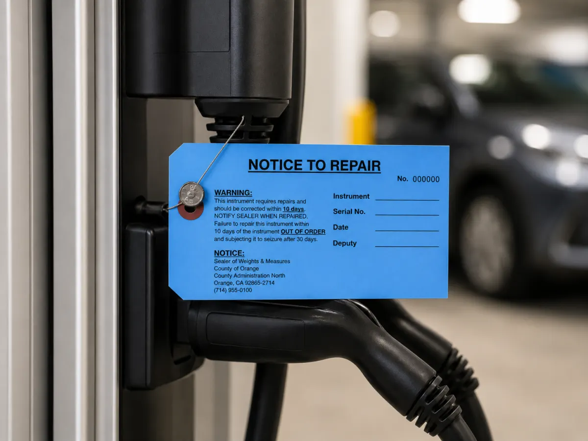 Blue repair notice attached to an EV charger connector