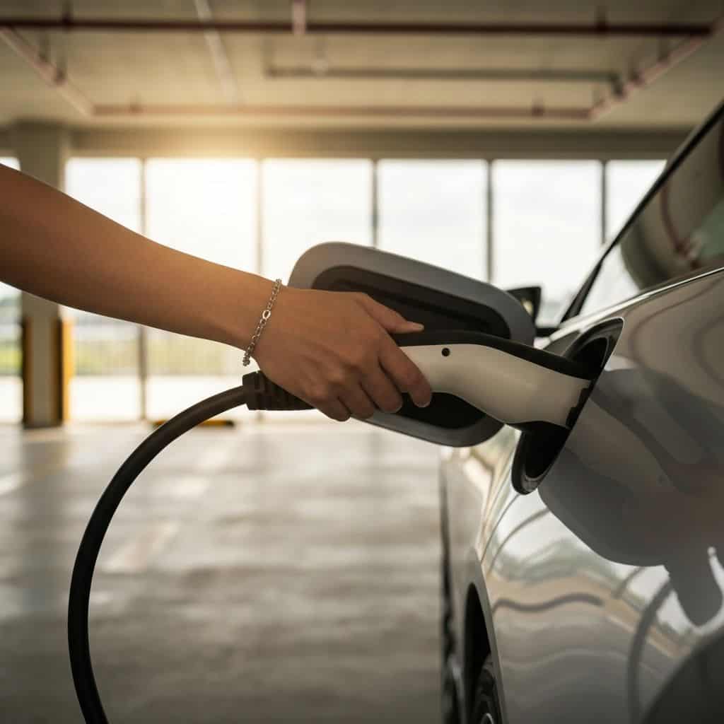 Driver plugging a charging cable into an electric vehicle